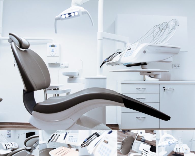 An empty dental chair in a dentist office with smaller detail shots of dental instruments